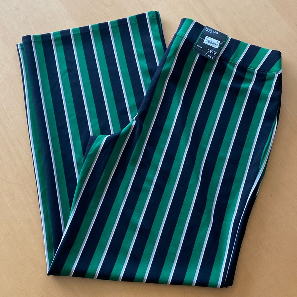 INC Wide Leg Pull on Bold Striped Pants Green Black White NWT Large